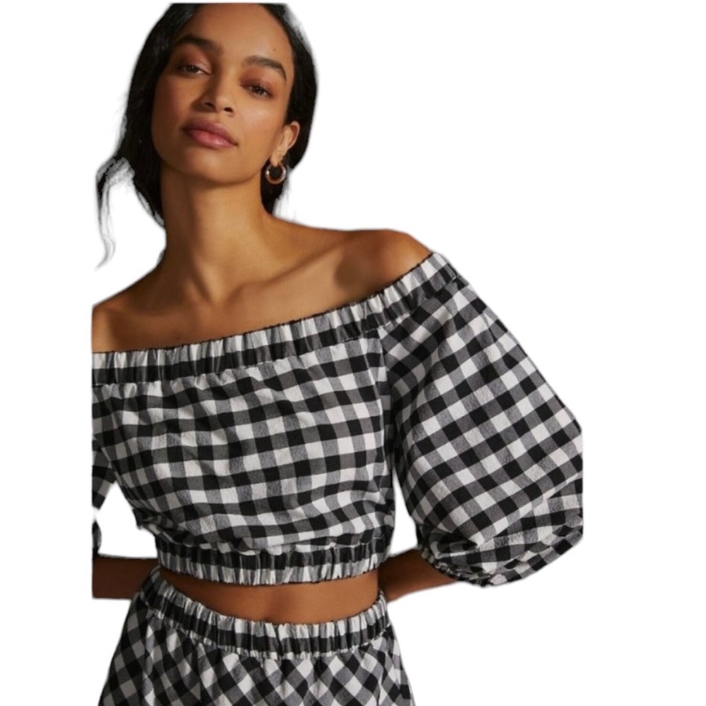 EUC Maeve for Anthropologie Gingham Pff the Shoulders Crop Top